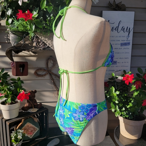 CHRISTINA ♡ Gorgeous 2pc Blue 'n Green Floral String Bikini Top Swimsuit XL - Picture 11 of 17